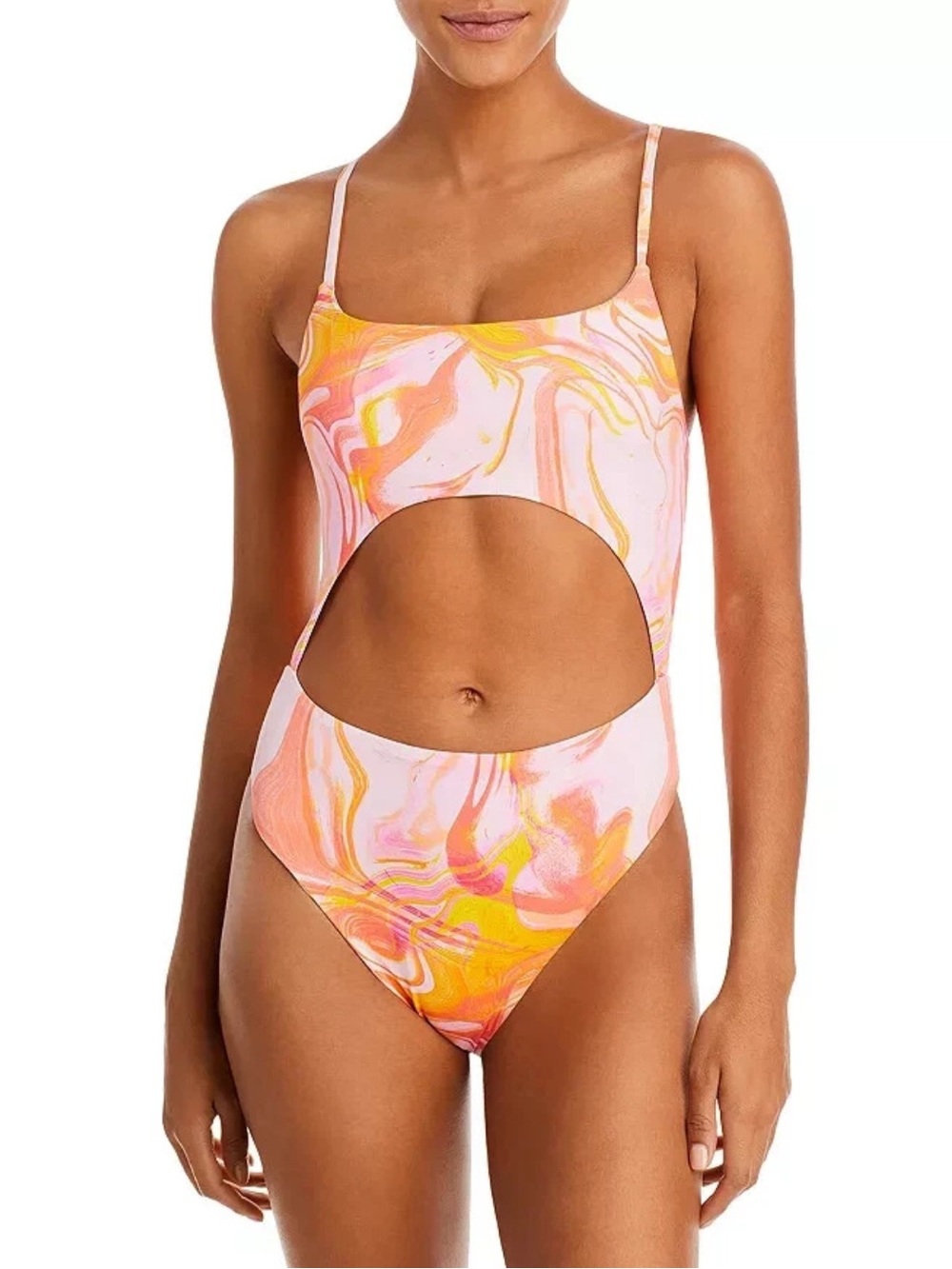 AQUA Pink & Orange Swirl Cutout Back Tie One-Piece Swimsuit Sz S